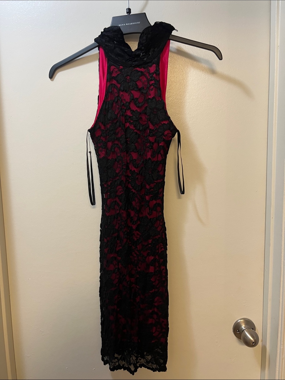 Black Lace Overlay Pink Sheath Dress - Women's